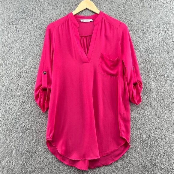 ALL IN FAVOR Perfect Roll Tab Sleeve Tunic Top Hot Pink Barbie Blouse Small - Picture 1 of 10